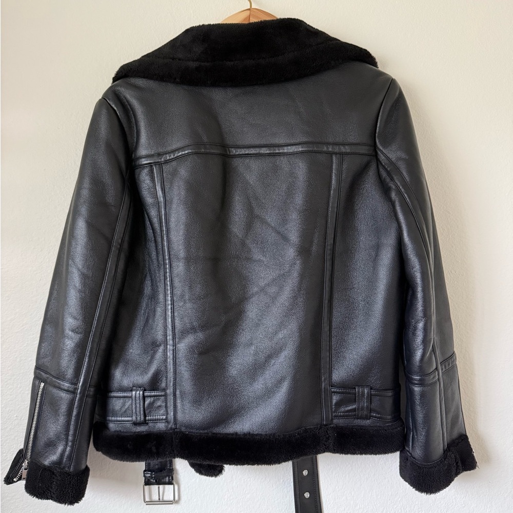 Topshop Oversized Leather Jacket - Aviator Biker Jacket with Faux Fur - Picture 4 of 7